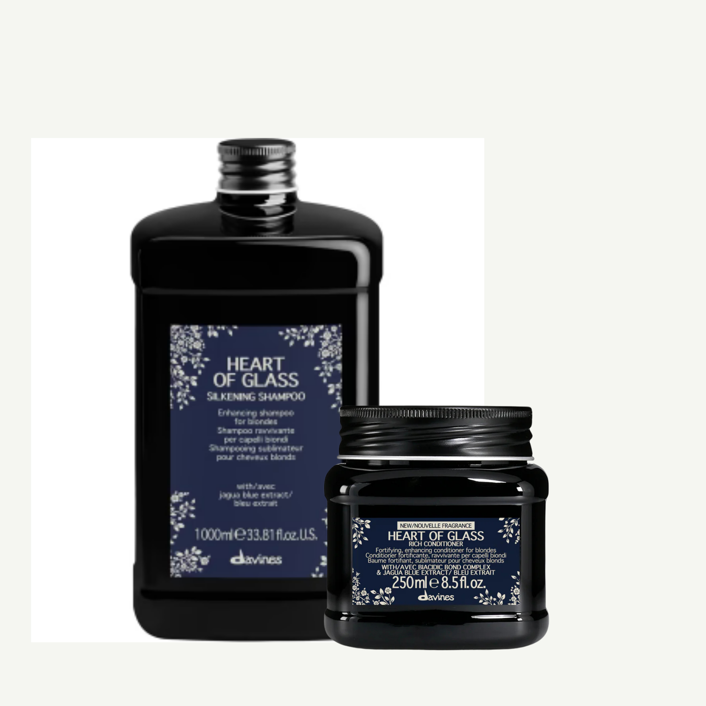Davines Heart of Glass Silkening Shampoo 1000 ml en Rich Conditioner 250 ml set voor blond haar verzorging en glans